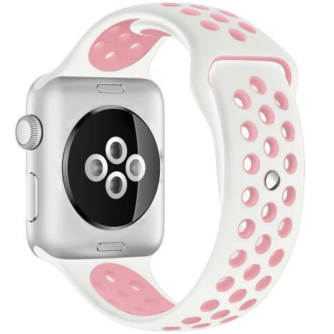 Curea iUni compatibila cu Apple Watch 1/2/3/4/5/6/7, 40mm, Silicon Sport, Alb/Roz Pal