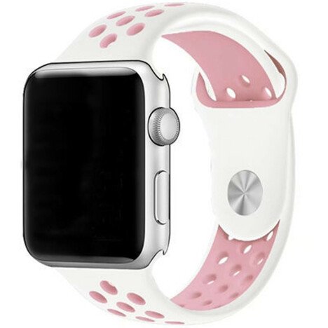 Curea iUni compatibila cu Apple Watch 1/2/3/4/5/6/7, 40mm, Silicon Sport, Alb/Roz Pal