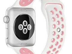 Curea iUni compatibila cu Apple Watch 1/2/3/4/5/6/7, 44mm, Silicon Sport, Alb/Roz Pal